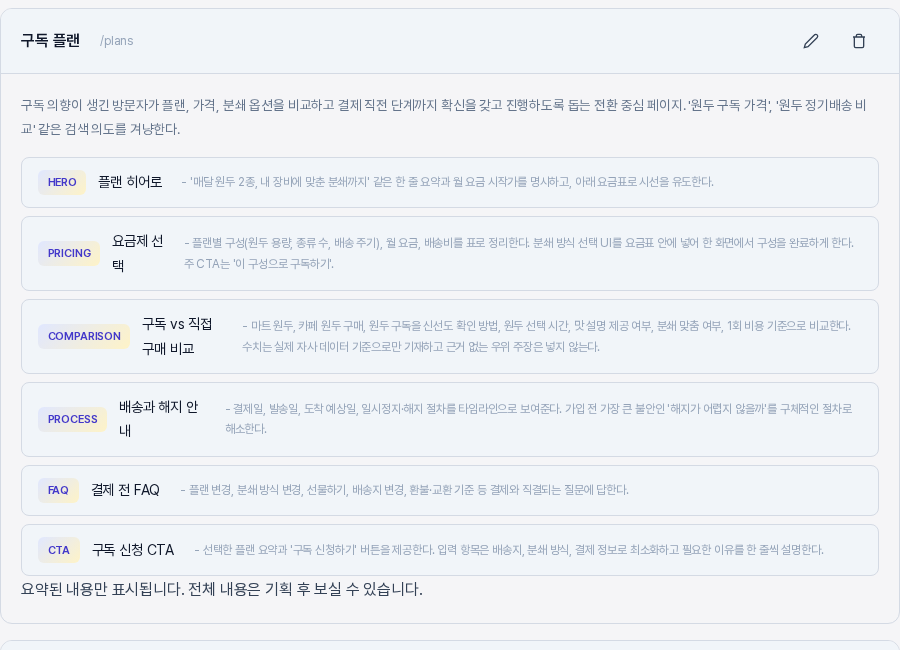 구독 플랜 페이지 카드. HERO, PRICING, COMPARISON, PROCESS, FAQ, CTA 섹션이 나열되어 있고 아래에 요약된 내용만 표시된다는 안내가 있다