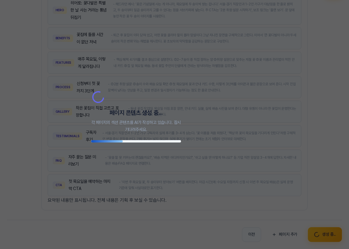 페이지 구조 확인 화면 위에 페이지 콘텐츠 생성 중 창이 뜬 모습. 각 페이지의 섹션 콘텐츠를 AI가 작성하고 있다는 안내와 진행 막대가 보이고 아래에 생성 중 버튼이 있다