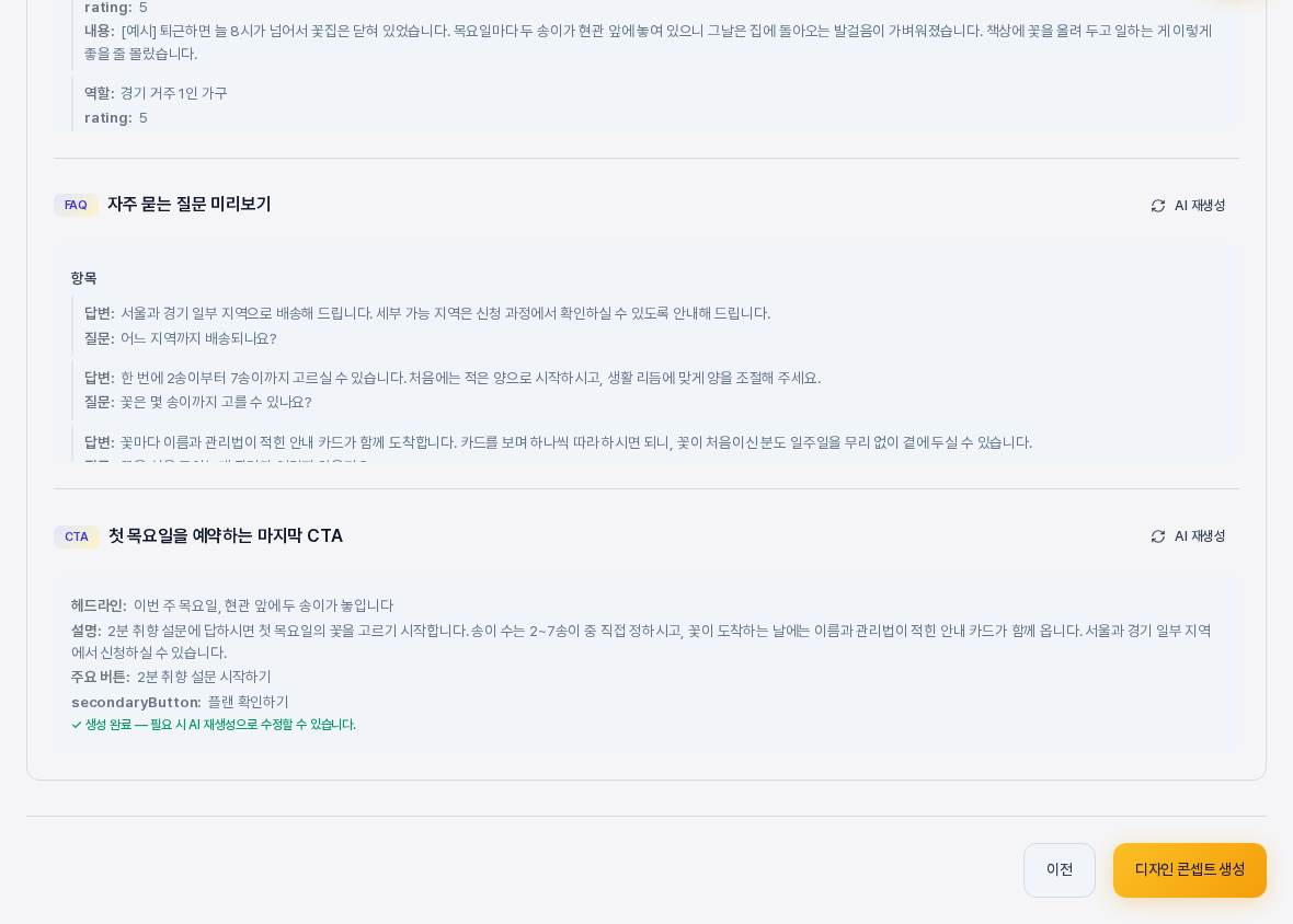 3단계 화면의 맨 아래. 고객 후기와 자주 묻는 질문, 행동 유도 섹션 아래에 이전 버튼과 디자인 콘셉트 생성 버튼이 있다