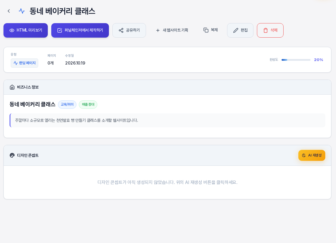 비즈니스 정보만 입력한 기획서의 상세 화면. 페이지 0개, 완성도 20퍼센트로 표시되고 사이트 구조 카드는 없으며 디자인 콘셉트 카드에 아직 생성되지 않았다는 안내가 보인다