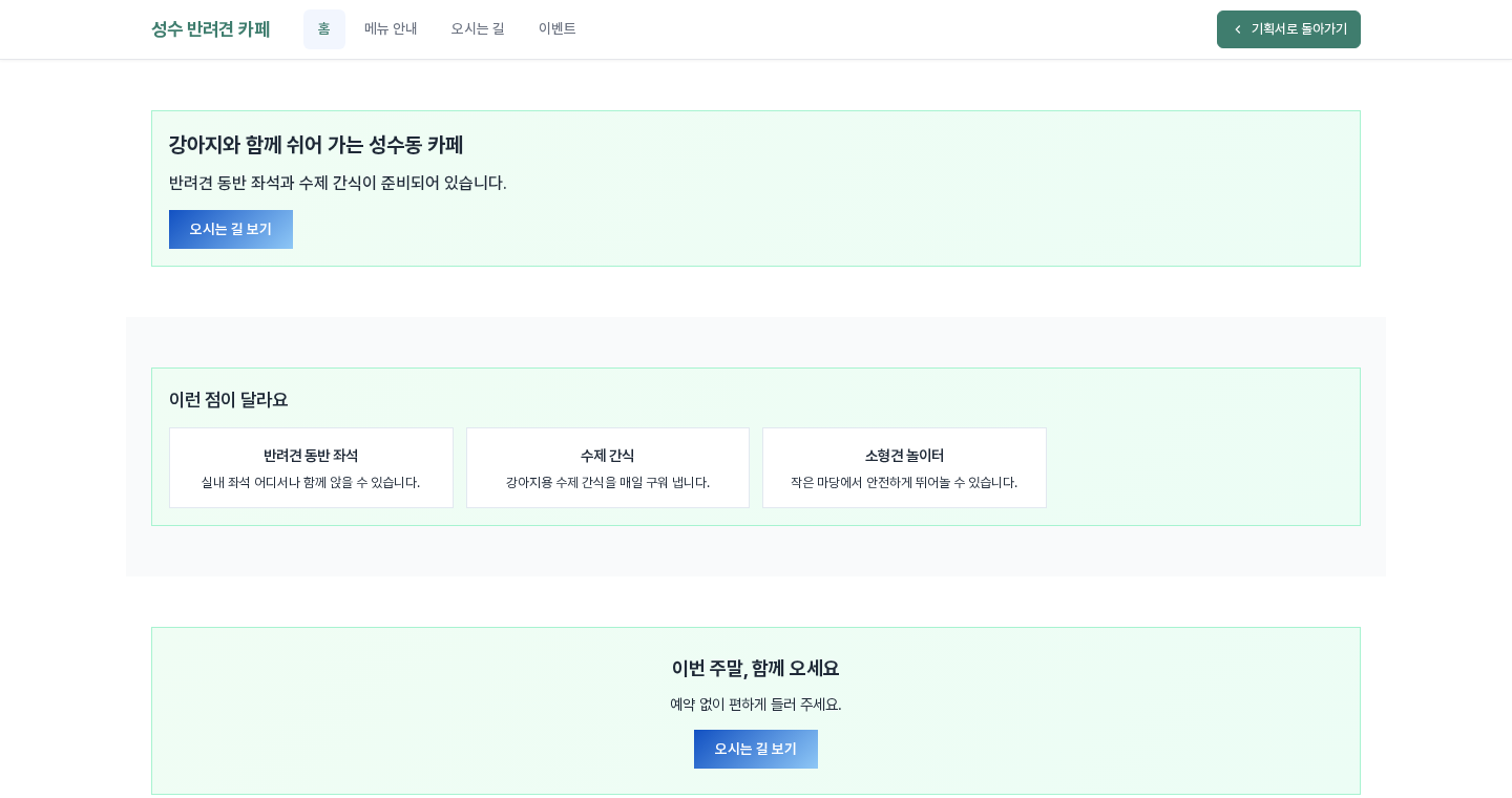 HTML 미리보기의 첫 화면. 위쪽 바에 성수 반려견 카페 이름과 홈 메뉴 안내 오시는 길 이벤트 메뉴가 있고 오른쪽 끝에 기획서로 돌아가기 버튼이 있으며, 아래로 히어로와 카페 특징과 방문 안내 섹션이 이어진다