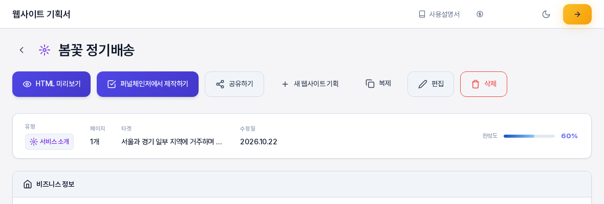 웹사이트 기획서 화면의 위쪽. 봄꽃 정기배송 제목 아래 HTML 미리보기, 퍼널체인저에서 제작하기, 공유하기, 새 웹사이트 기획, 복제, 편집, 삭제 버튼이 있고 아래에 유형과 페이지 수와 완성도가 보인다