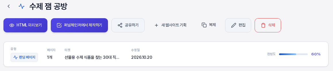 웹사이트 기획서 상세 화면의 위쪽. 수제 잼 공방 이름 아래에 복제와 편집, 삭제 버튼이 오른쪽에 있고 그 아래 정보 띠에 랜딩 페이지 유형과 페이지 1개, 타겟, 완성도 60퍼센트가 보인다