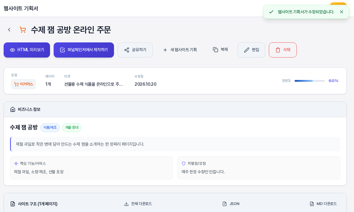 저장한 뒤의 기획서 상세 화면. 제목이 수제 잼 공방 온라인 주문으로 바뀌었고 유형이 이커머스로, 타겟 문장도 바뀌었으며 오른쪽 위에 웹사이트 기획서가 수정되었습니다 알림이 보인다