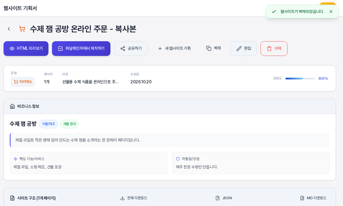 복제 직후의 상세 화면. 제목이 수제 잼 공방 온라인 주문 복사본으로 표시되고 원본과 같은 유형과 타겟, 페이지 1개, 완성도 60퍼센트가 보이며 오른쪽 위에 웹사이트가 복제되었습니다 알림이 있다